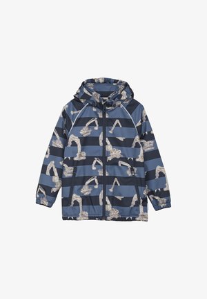Wasserabweisende Kapuzenjacke in Marineblau mit hellblauen und dunkelblauen horizontalen Streifen, mit einem Baggerdruck und Reißverschlusstaschen.