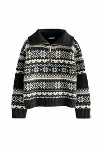 Pull noir et crème à motif avec un col zippé, présentant un design géométrique et une texture côtelée aux poignets et à l'ourlet.