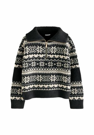 Pull noir et crème à motif avec un col zippé, présentant un design géométrique et une texture côtelée aux poignets et à l'ourlet.