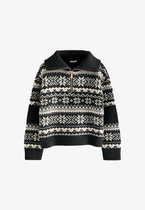 Maglione a maniche lunghe nero e crema con motivo geometrico, dotato di collo con zip e texture a coste sui polsi e sull'orlo.