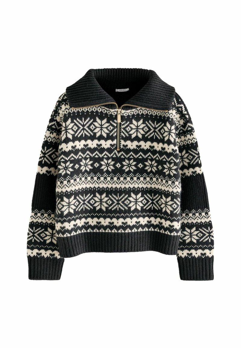 Pull noir et crème à motif avec un col zippé, présentant un design géométrique et une texture côtelée aux poignets et à l'ourlet.