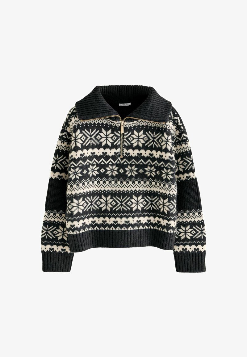 Schwarzer und cremefarbener Pullover mit Muster und Reißverschlusskragen, der ein geometrisches Design sowie eine gerippte Textur an den Bündchen und dem Saum aufweist.