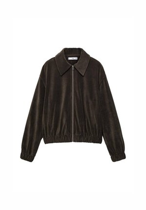 Brown corduroy jacket with a zipper front, wide collar, elasticated hem, and long sleeves. Textured fabric with vertical ribbing.