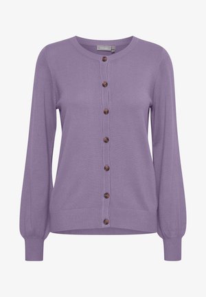 Lila Strickjacke mit rundem Ausschnitt, langen Ärmeln und braunen Knöpfen an der Vorderseite, mit gerippten Bündchen und Saum für eine strukturierte Optik.