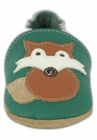 Grüne Lederhausschuhe mit einem Fuchsdesign, ergänzt durch braune und weiße Akzente, gestickte Details und eine Sohle aus beige Wildleder.