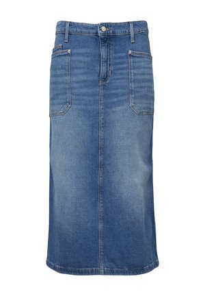Mittelblauer Jeansrock in knielanger Länge mit vorderer Knopfleiste, Reißverschluss, zwei großen aufgesetzten Vordertaschen und Gürtelschlaufen.