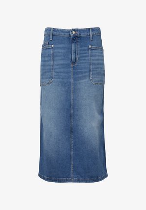 Jupe en denim bleu moyen longueur genou avec boutons sur le devant, fermeture éclair, deux grandes poches plaquées avant et passants pour ceinture.