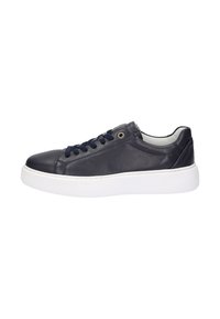 Navy Leder-Sneaker mit runder Zehenpartie, weißer Gummisohle und dunklen Schnürsenkeln. Verfügt über Metallösen und ein kontrastierendes Innenfutter.