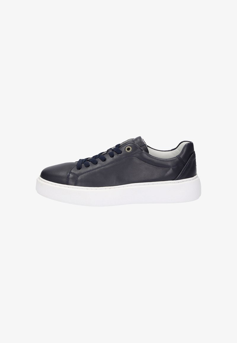 Navy Leder-Sneaker mit runder Zehenpartie, weißer Gummisohle und dunklen Schnürsenkeln. Verfügt über Metallösen und ein kontrastierendes Innenfutter.