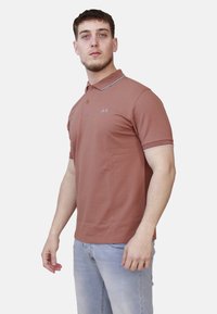 Polo shirt marrone con colletto a contrasto, maniche corte e un piccolo logo blu. Indossato con jeans azzurri, mostrato di profilo.