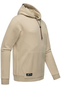 Lichtbeige hoodie van zachte stof, met een voorkantzak, trekkoordcapuchon en ribgebreide manchetten. Merktag zichtbaar op de zoom.