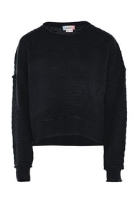 Schwarzer gestrickter Pullover mit strukturiertem Muster, leicht verkürzt, und Rippbündchen an den Ärmeln und am Saum. Rundhalsausschnitt mit leicht übergroßen Ärmeln.
