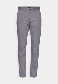 Šedé kalhoty z tkané látky s rovým střihem, mají zapínání na knoflík, poutka na pásek a jemnou texturu.