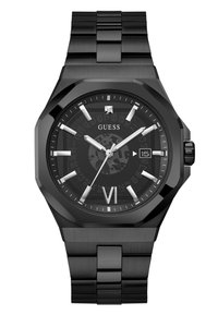 Sort rustfrit stål ur med et oktogonalt urkasse, sort urskive, sølv time markører og en datovisning ved 3-tiden. Tekstureret armbånd.