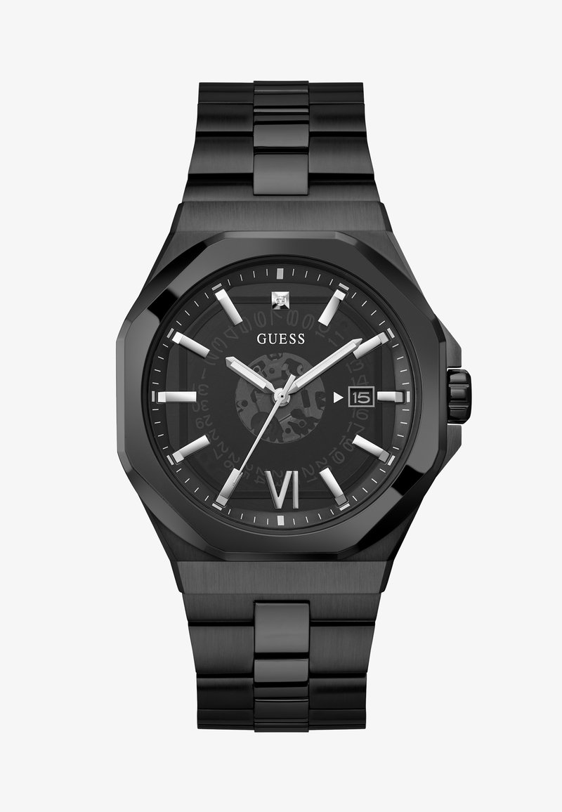 Schwarze Edelstahl-Armbanduhr mit einem achteckigen Gehäuse, schwarzem Zifferblatt, silbernen Stundenmarkierungen und einer Datumsanzeige auf 3 Uhr. Texturiertes Armband.