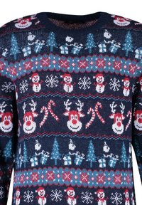 Marinblå stickad tröja med festliga mönster av snögubbar, renar, polkagrisar och träd i rött, vitt och turkos. Rundhalsad design.