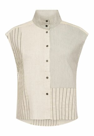 Blusa beige senza maniche con strisce verticali nere miste, chiusura frontale con bottoni e colletto alto in piedi.