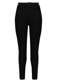 Jeans skinny noirs taille haute en denim stretch. Dotés d'une fermeture à bouton, de passants de ceinture et d'une conception à quatre poches. Texture lisse.