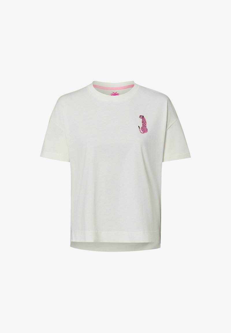 T-shirt blanc à manches courtes avec un petit motif guépard violet sur la poitrine gauche et un détail rose à l'intérieur du col.