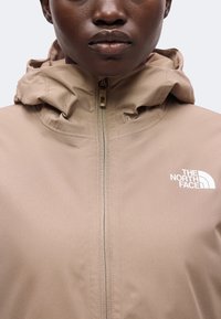Gros plan d'une personne portant une veste à capuche beige zippée avec le logo The North Face sur la poitrine.