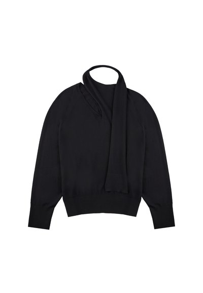 Schwarzer Pullover mit langen Ärmeln und integriertem Schal-Detail, drapiert über dem Halsausschnitt, auf einem weißen Hintergrund präsentiert.