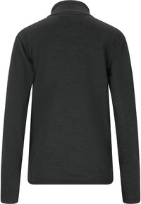Svart långärmad rundhalsad tröja med hög krage, med texturerad tyg och rak fåll, designad för att ge en figurnära look.