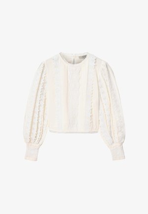 Blouse crème à manches longues avec détails en dentelle le long des manches et sur le devant, col rond, et poignets ajustés avec fermetures à boutons.