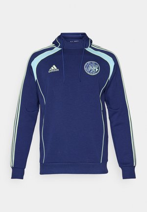 Navy blue sweatshirt with light blue accents, featuring a high neck, drawstring, and logo on the chest. Made of soft, textured fabric.