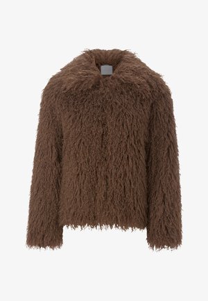 Brown, textured faux fur jacket with a high collar and loose silhouette. Features a soft, shaggy exterior and no visible fastenings.