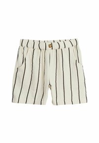 Krämfärgade shorts med vertikala svarta ränder, elastisk midjeband, två sidofickor och en cirkulär knappdetalj framtill.