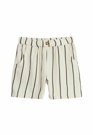 Crèmekleurige shorts met verticale zwarte strepen, elastische tailleband, twee zijzakken en een cirkelvormige knoopdetail aan de voorkant.