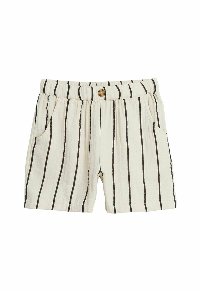 Krämfärgade shorts med vertikala svarta ränder, elastisk midjeband, två sidofickor och en cirkulär knappdetalj framtill.