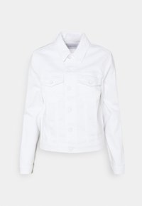 Biała kurtka jeansowa z kołnierzem, zapinana na guziki z przodu, z dwoma kieszeniami na piersi. Posiada długie rękawy i krótki krój.