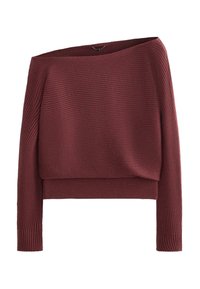 Sveter s odhalenými plecami, pletený s rebrovanou textúrou v tmavej burgundskej farbe, s dlhými rukávmi a priliehavým pásom.