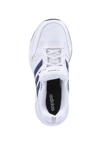 White athletic shoe with navy stripes, leather and mesh material, rounded toe, padded collar, and flat laces. Adidas branding on tongue.