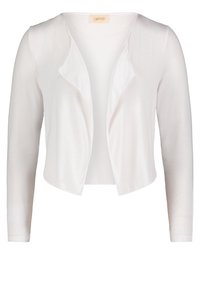 Weißer, kurzer Cardigan aus leichtem Material. Mit Schalkragen, langen Ärmeln und offenem, fließendem Design vorne.