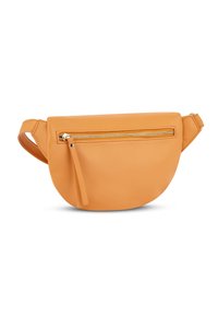 Marsupio in pelle arancione dalla forma arrotondata, dotato di una tasca frontale con zip e un lungo dettaglio in pelle a frange.