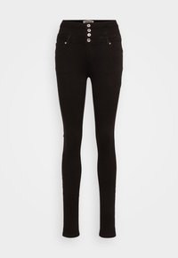 Jeans negros ajustados hechos de denim elástico, con una cintura alta, cierre de tres botones y bolsillos frontales. Textura suave, diseño ajustado.