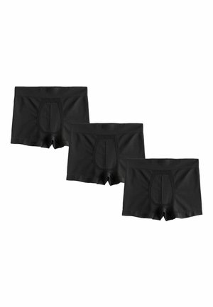 Bolsas cortas negras hechas de tela suave, con una cinturilla elástica y un pouch rectangular. Se exhiben tres pares, todos idénticos.