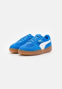 Blaue Wildleder-Sneaker mit Mesh-Design, weißem PUMA-Streifen und Gummi-Laufsohle. Ausgestattet mit Schnürverschluss vorne und verstärkter Zehenkappe.