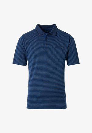 Navyblaues Poloshirt aus weichem Stoff, mit horizontalen Streifen in einer helleren Nuance, einer Drei-Knopf-Leiste und einer Brusttasche.