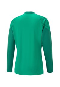 Groene sportshirt met lange mouwen, voorzien van meshpanelen op de schouders, textielstof en een geribbelde kraag. Ontworpen voor actieve kleding.