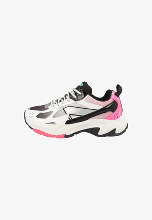 White and black sneaker with pink accents. Features a textured mesh upper, cushioned sole, and reflective metallic detailing. Classic lace design.