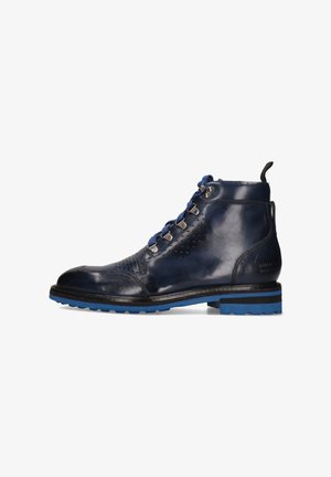 Dark blue leather ankle boot with blue laces, metal eyelets, textured sole, and pull tab on a white background.