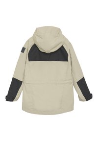 Giacca beige e nera con cappuccio, caratterizzata da un design a blocchi di colore, polsini regolabili e un patch con logo sulla manica sinistra.