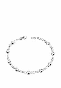 Bracciale con perline d'argento di diverse dimensioni, dalla superficie liscia, dotato di chiusura a moschettone e catena regolabile per variazione di lunghezza.