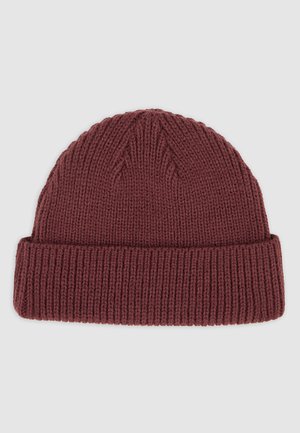 Knitted burgundy beanie hat with a rolled cuff. Features ribbed texture and a triangular pattern on the top.