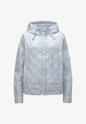 Hellblaue, gesteppte Jacke mit Kapuze, mit einem Frontverschluss, Kordelzügen und einer glatten Textur.