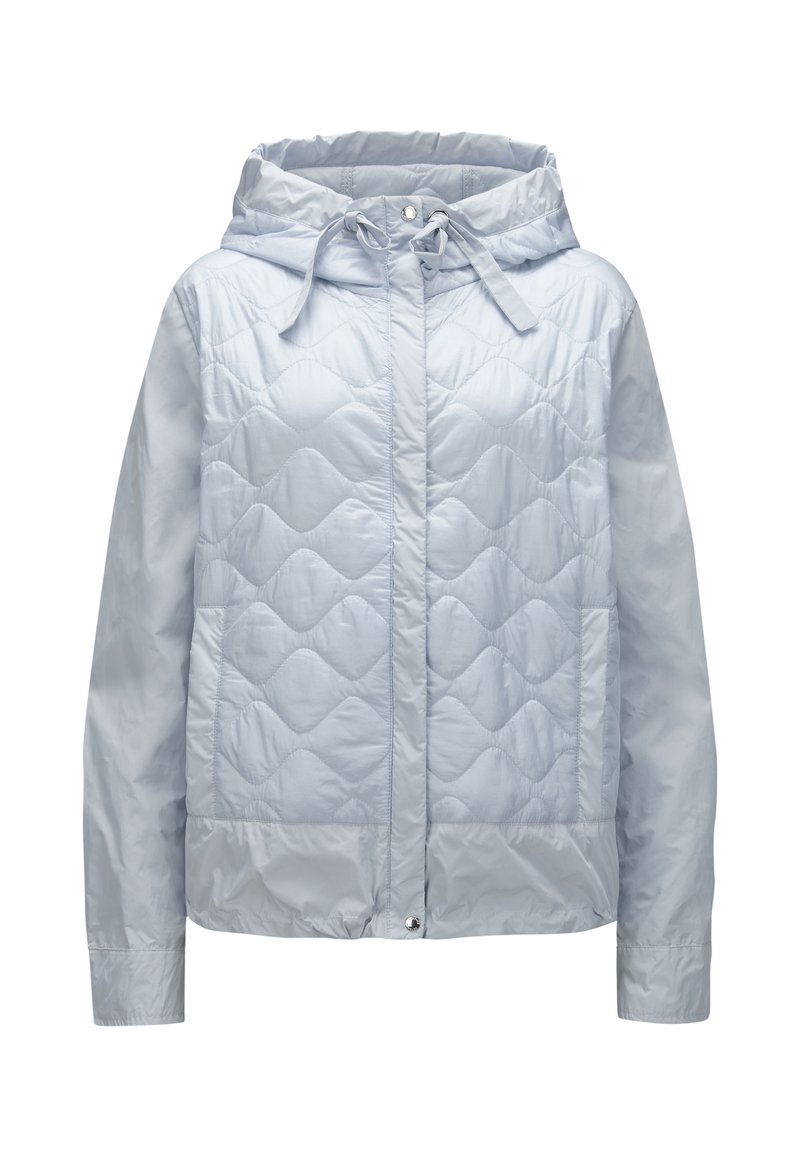 Hellblaue, gesteppte Jacke mit Kapuze, mit einem Frontverschluss, Kordelzügen und einer glatten Textur.