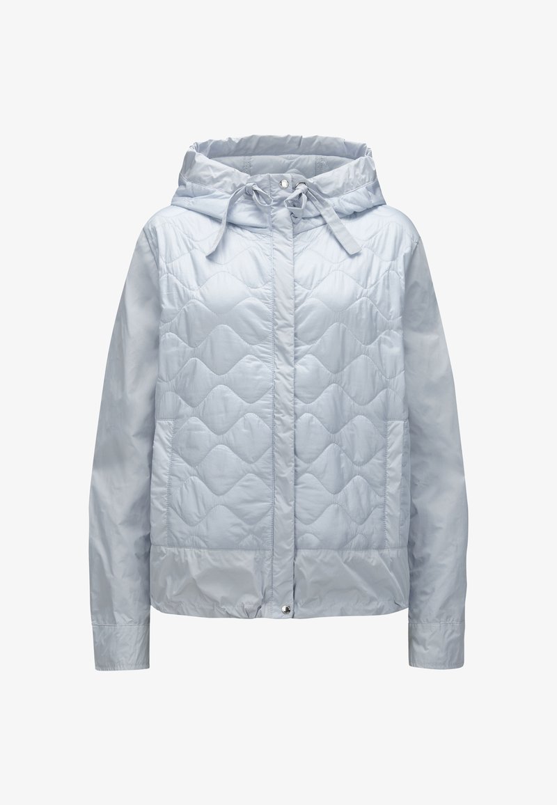 Hellblaue, gesteppte Jacke mit Kapuze, mit einem Frontverschluss, Kordelzügen und einer glatten Textur.
